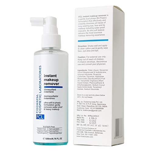 Fixderma Cosmetic Laboratories Biphasic Instant makeup remover, Removes eye makeup, lip makeup, waterproof makeup, Strengthens lashes, Refreshes & hydrates the skin, Suits all skin types, 200ml
