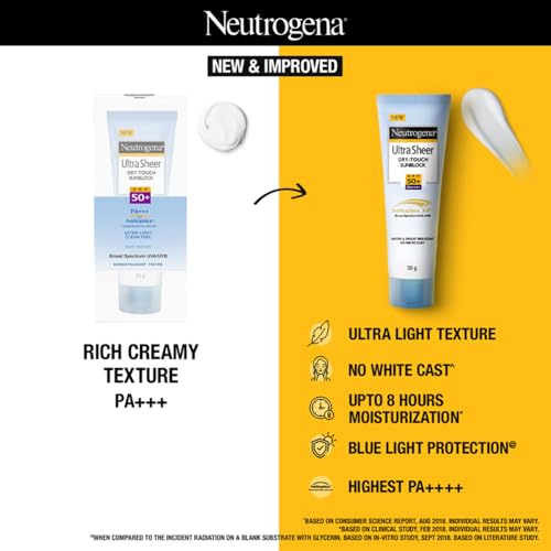 Neutrogena Ultra Sheer Sunscreen SPF 50+ | Broad Spectrum UVA/UVB | Blue light protect | No White Cast | Water resistant, Ultra light & Non sticky | Oily, Dry & Sensitive Skin | 30 g (Pack of 1)