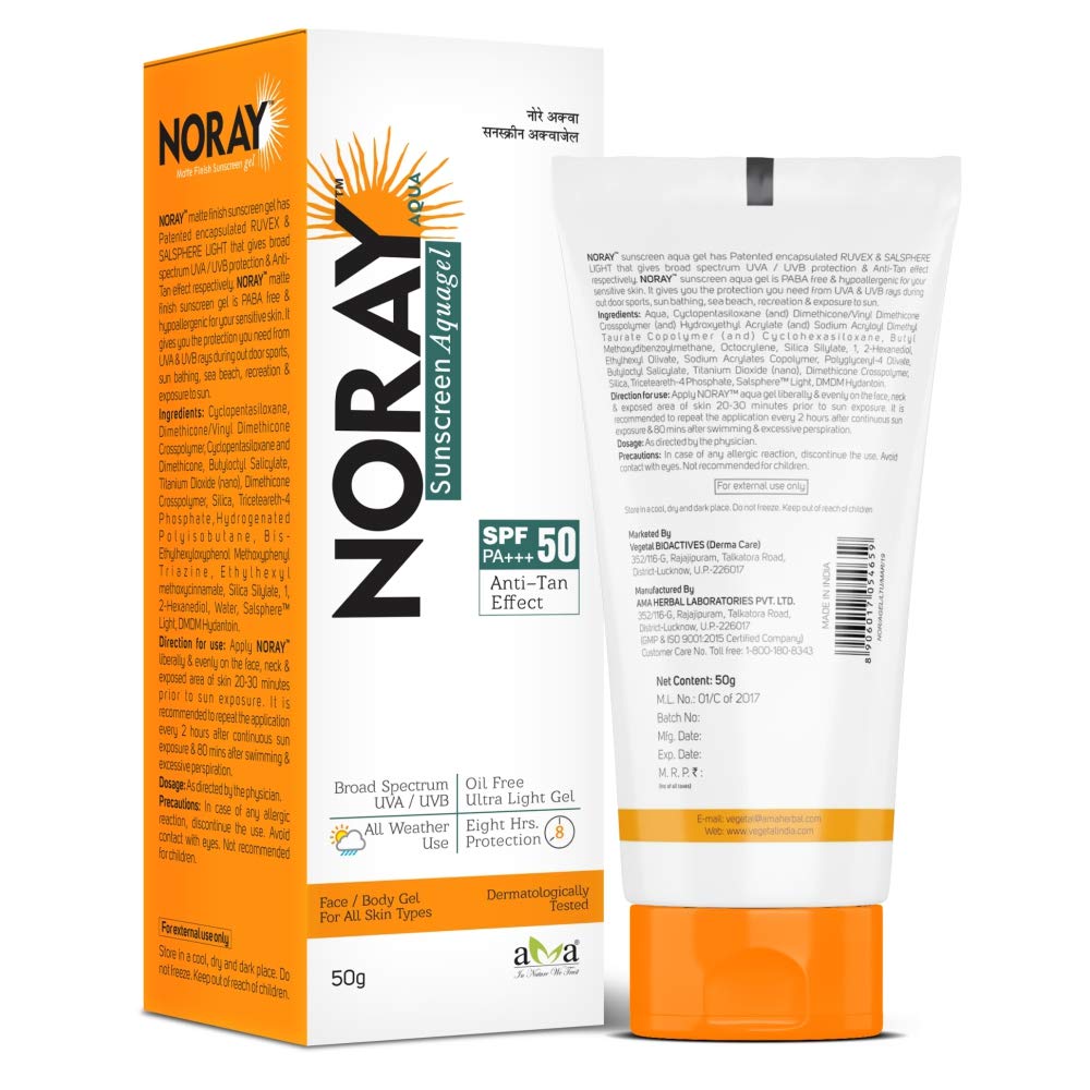Noray Aquagel Broad Spectrum Sunscreen, SPF-50, PA+++ with Anti Tan Effect - 50g.