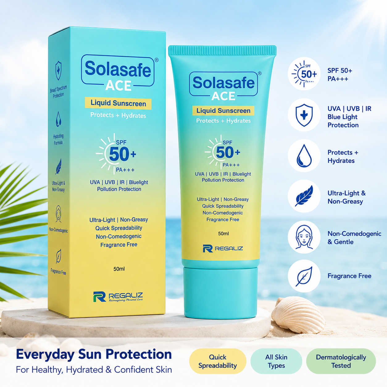 Solasafe ACE Liquid Sunscreen SPF 50+ PA+++ | UVA/UVB/IR & Blue Light Protection | Ultra-Light, Non-Greasy & Hydrating Formula | Fragrance Free | 50ml