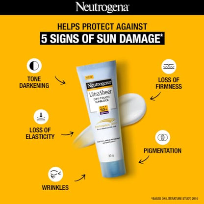 Neutrogena Ultra Sheer Sunscreen SPF 50+ | Broad Spectrum UVA/UVB | Blue light protect | No White Cast | Water resistant, Ultra light & Non sticky | Oily, Dry & Sensitive Skin | 30 g (Pack of 1)