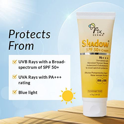 Fixderma Shadow Sunscreen | Acne Prone, Sun Screen Protector SPF 50 | Sunscreen for Body & Face | Broad Spectrum Sunscreen for UVA & UVB Protection (SPF50 75 GM)