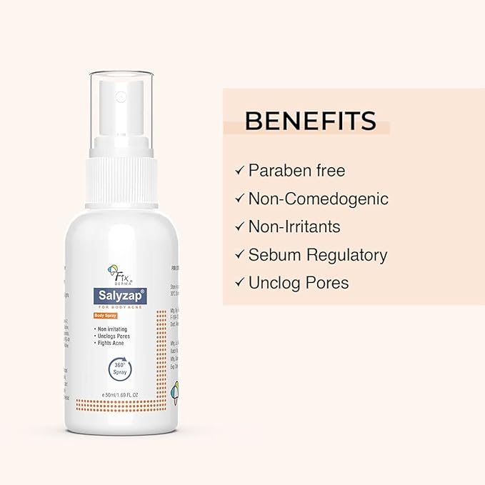 Salyzap Body Acne Spray For Acne on Back, Shoulders, Neck & Chest to improve Breakouts & Uneven skin texture for Women & Men - 50ml