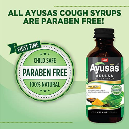 AYUSAS Sapat Adulsa Cough Syrup, Effective Triple-action formula trusted by generations, Paraben Free, 100% Natural, for Wet and Dry Cough, (Pack of 2) (100 ml)