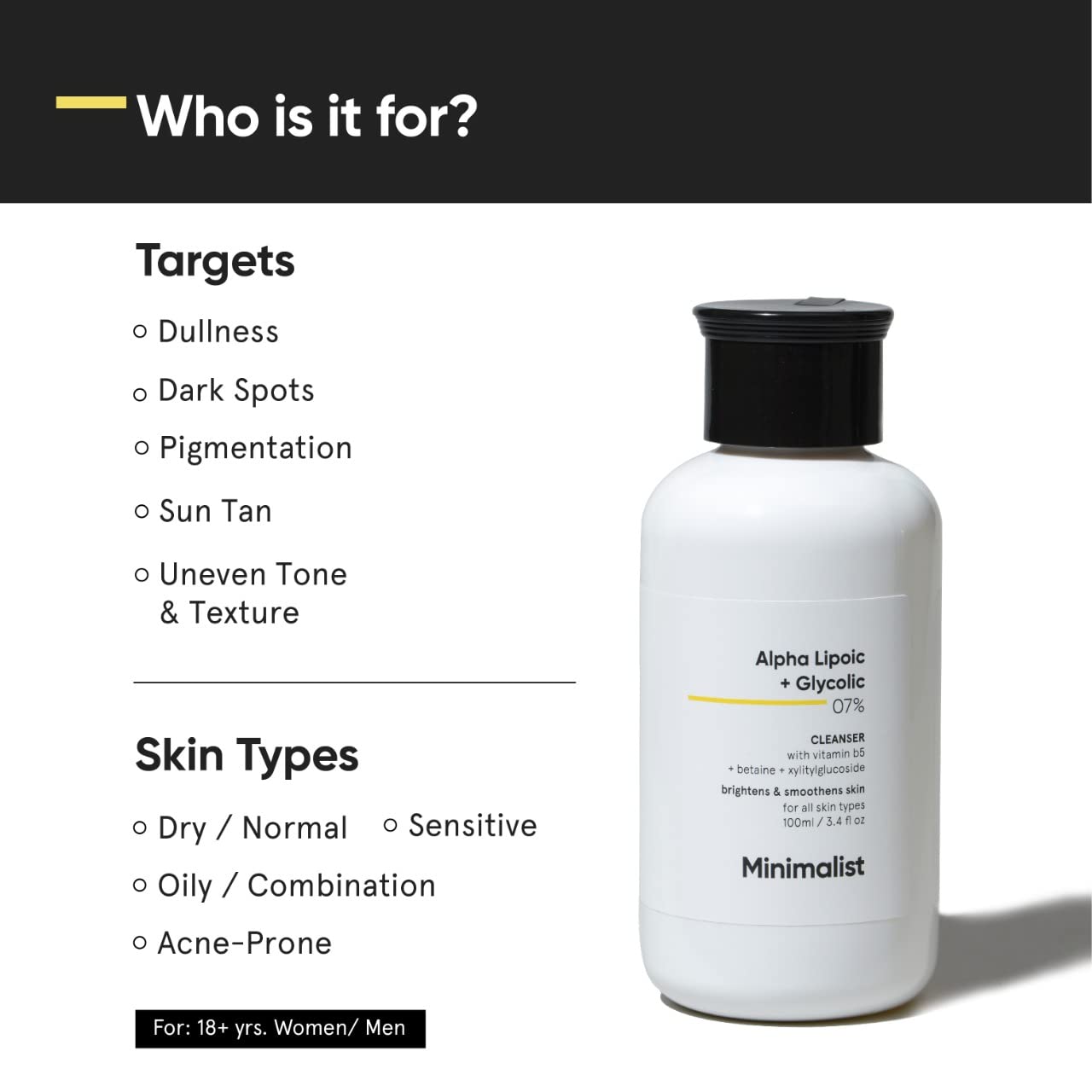 Minimalist 7% Ala & Aha Brightening Face Wash With Vitamin B5 For Hydration, Glycolic Acid For Exfoliation & Alpha Lipoic Acid For Glowing Skin | For Men & Women, 100 Ml