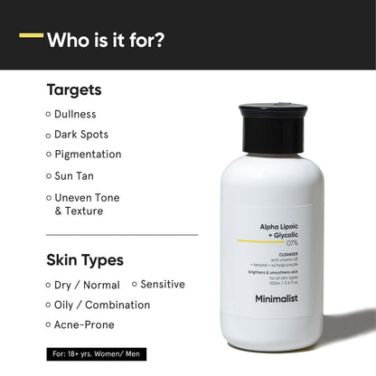 Minimalist 7% Ala & Aha Brightening Face Wash With Vitamin B5 For Hydration, Glycolic Acid For Exfoliation & Alpha Lipoic Acid For Glowing Skin | For Men & Women, 100 Ml