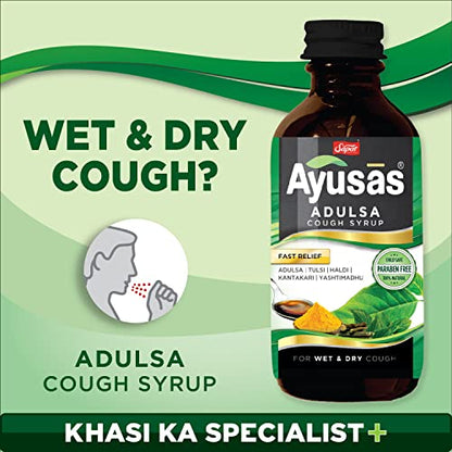 AYUSAS Sapat Adulsa Cough Syrup, Effective Triple-action formula trusted by generations, Paraben Free, 100% Natural, for Wet and Dry Cough, (Pack of 2) (100 ml)