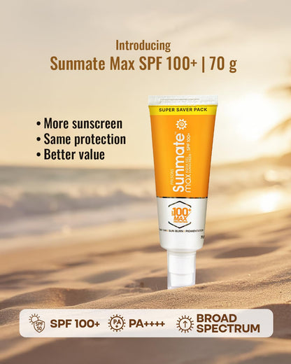 Sunmate Max SPF 100+ PA++++ Broad Spectrum Sunscreen | Oil-Free, Matte Finish, Zero White Cast | For Pigmented & Sensitive Skin | 70 GM