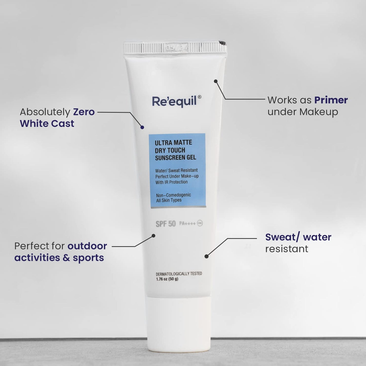 Re' Equil Ultra Matte Dry Touch Sunscreen Gel Spf 50 Pa++++, Water Resistant With Zinc Oxide And Titanium Dioxide 50G