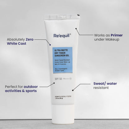 Re' Equil Ultra Matte Dry Touch Sunscreen Gel Spf 50 Pa++++, Water Resistant With Zinc Oxide And Titanium Dioxide 50G