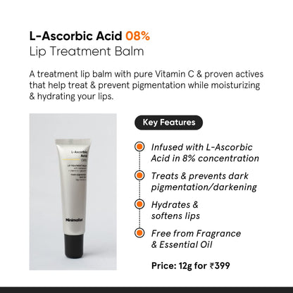Minimalist 8% L-Ascorbic Acid Lip Treatment Balm with Vitamin E, Radianskin & Glycerine for Pigmented & Dark Lips | For Women & Men | 12 gm