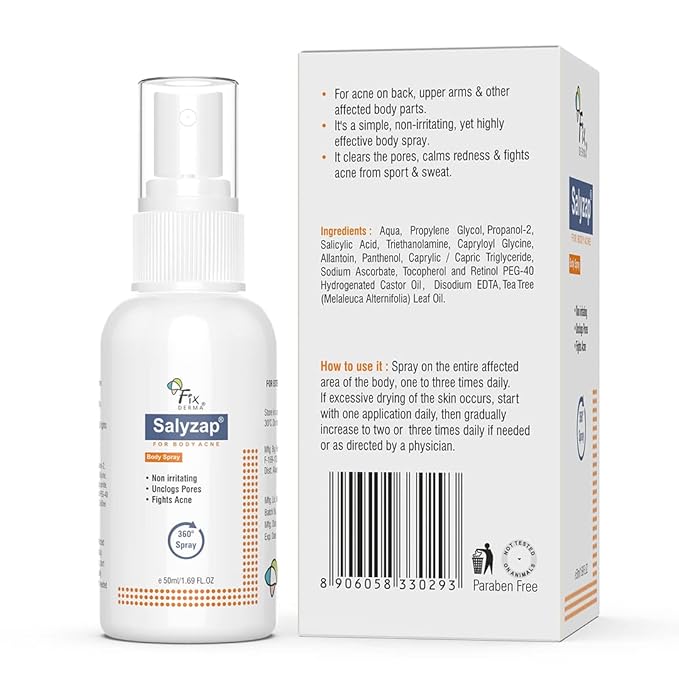 Salyzap Body Acne Spray For Acne on Back, Shoulders, Neck & Chest to improve Breakouts & Uneven skin texture for Women & Men - 50ml