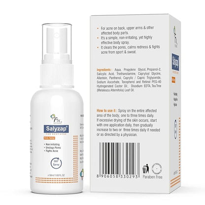 Salyzap Body Acne Spray For Acne on Back, Shoulders, Neck & Chest to improve Breakouts & Uneven skin texture for Women & Men - 50ml
