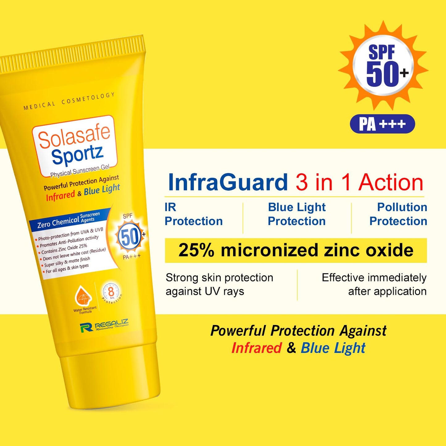 Regaliz Sunscreen For All Skin Type Sportz Physical (Zero Chemical) Sunscreen For Skin Type Gel: Advanced Spf 50+ Protection Against Uv, Blue Light And Pollution