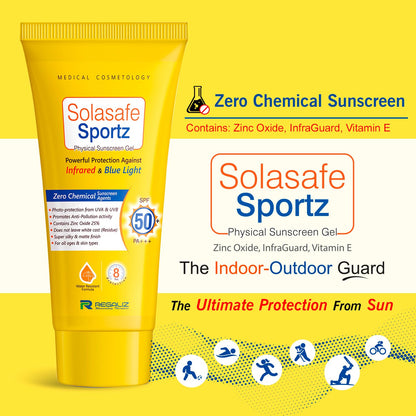 Regaliz Sunscreen For All Skin Type Sportz Physical (Zero Chemical) Sunscreen For Skin Type Gel: Advanced Spf 50+ Protection Against Uv, Blue Light And Pollution