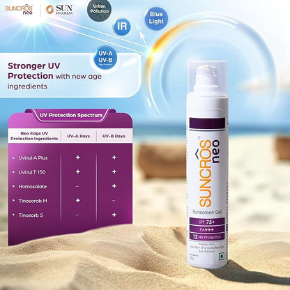 Sunpharma Suncros Neo Sunscreen Gel, SPF 75+ & PA+++ Sun Protection, Sweat & Water-Resistant Sunscreen, 50g