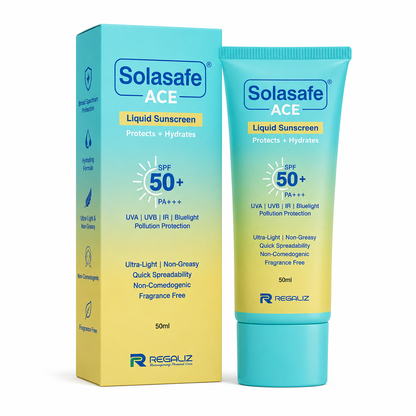 Solasafe ACE Liquid Sunscreen SPF 50+ PA+++ | UVA/UVB/IR & Blue Light Protection | Ultra-Light, Non-Greasy & Hydrating Formula | Fragrance Free | 50ml